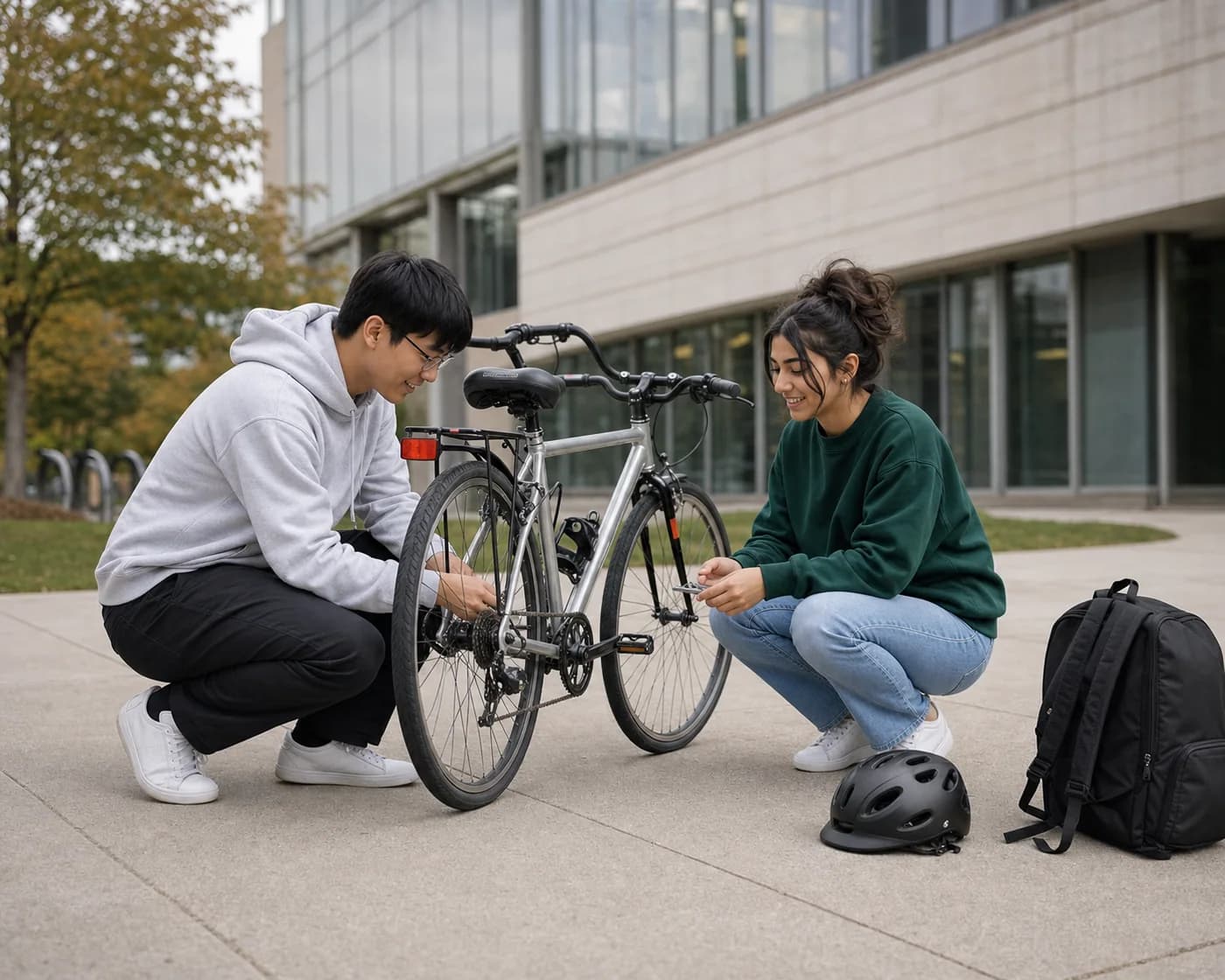 Two students repairing a bicycle together on campus