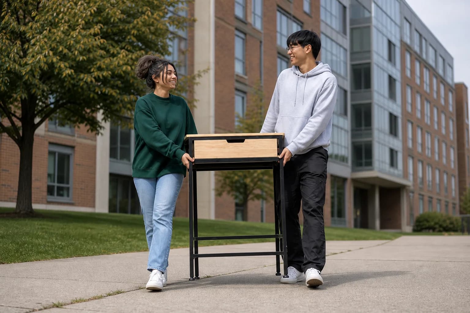 Two students carrying a desk together near student housing