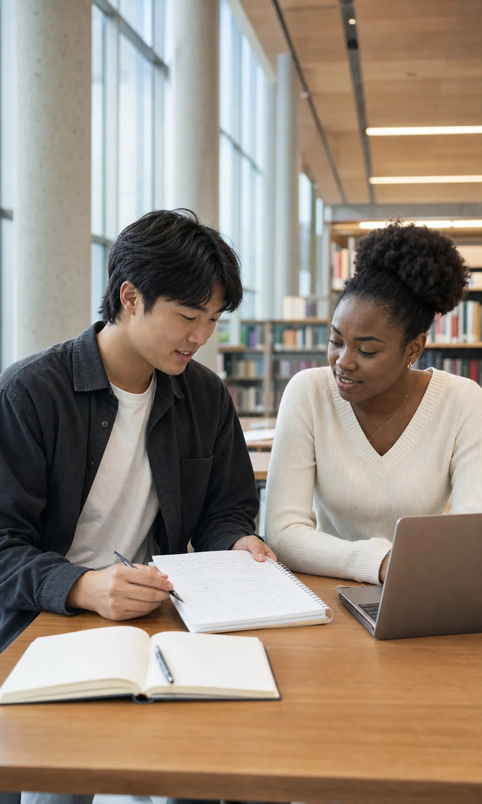 Two students working through notes together in a campus library